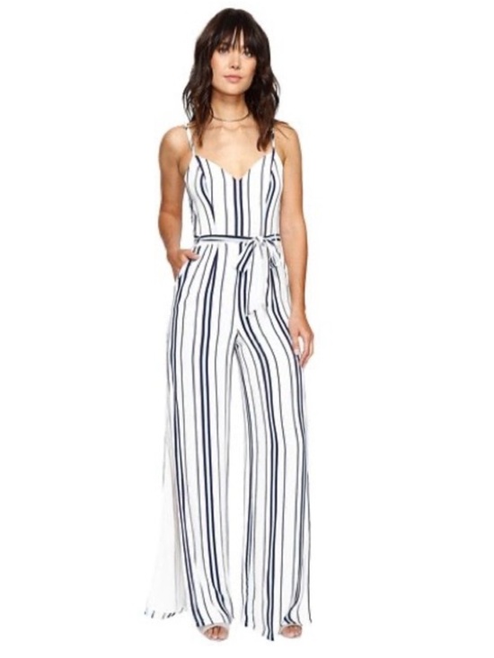 Lovers + Friends Pants - Lovers + Friends White Blue Striped Wide Leg Jumpsuit Sz S Resortwear Coastal